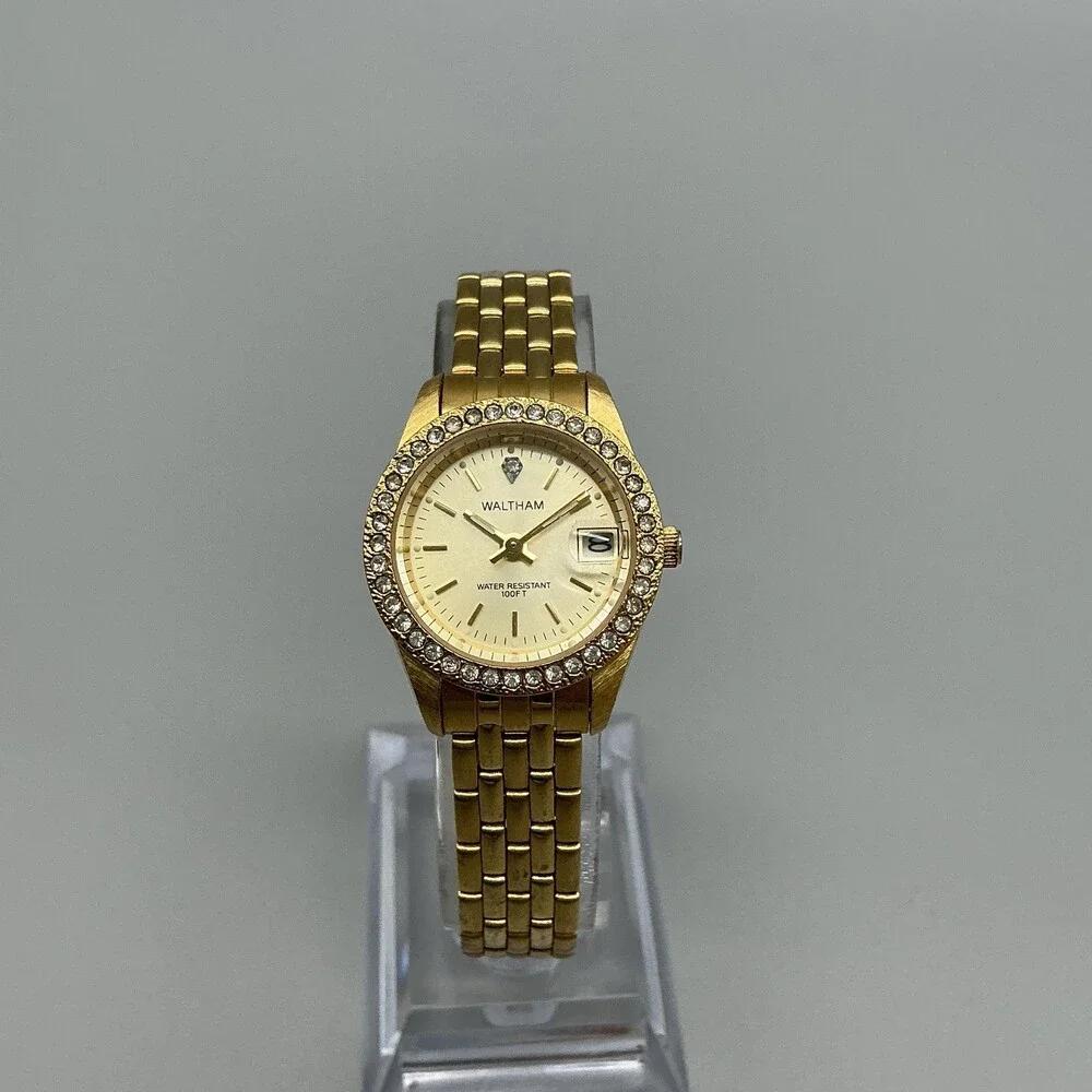 Waltham Womens Watch 24mm Gold Tone Bracelet Crystal Bezel Date New Battery 7.5